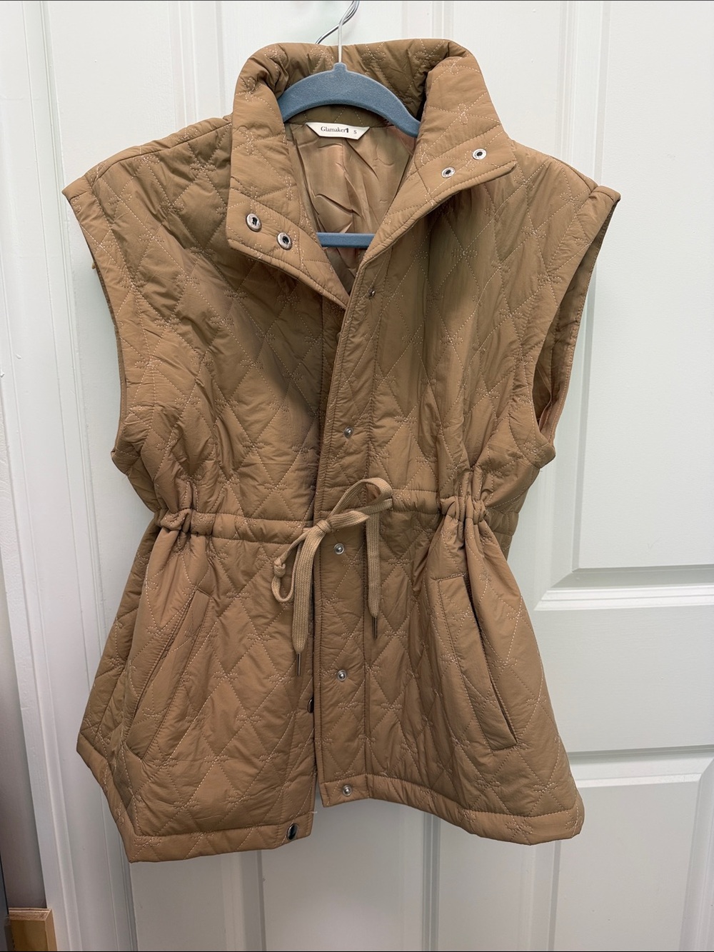 Camel Quilted Sleeveless Jacket Vest with Drawstring Waist
